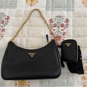 Authentic Prada Black Shoulder Bag with Gold Chain
